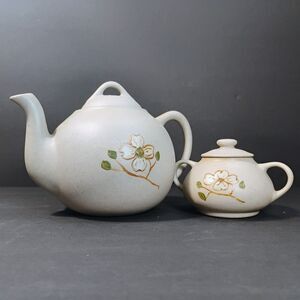 Vtg Pigeon Forge Pottery Coffee Tea Pot & Sugar Bowl Set Enamel Dogwood Flower
